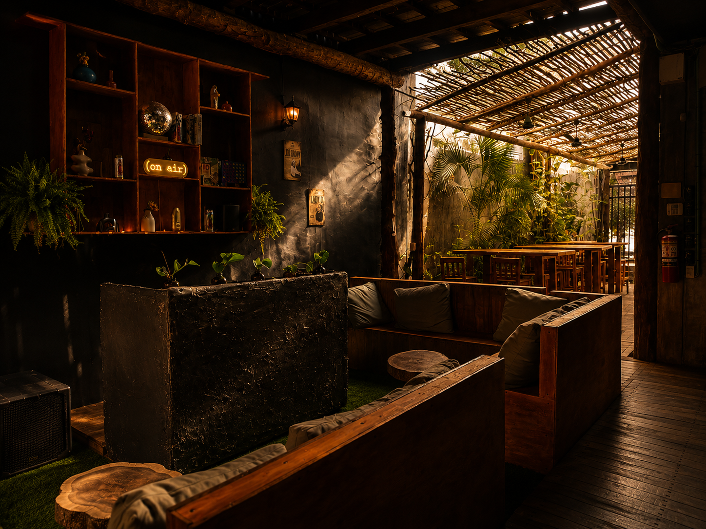 El Barrio interior — moody bar lounge with warm lighting and tropical plants