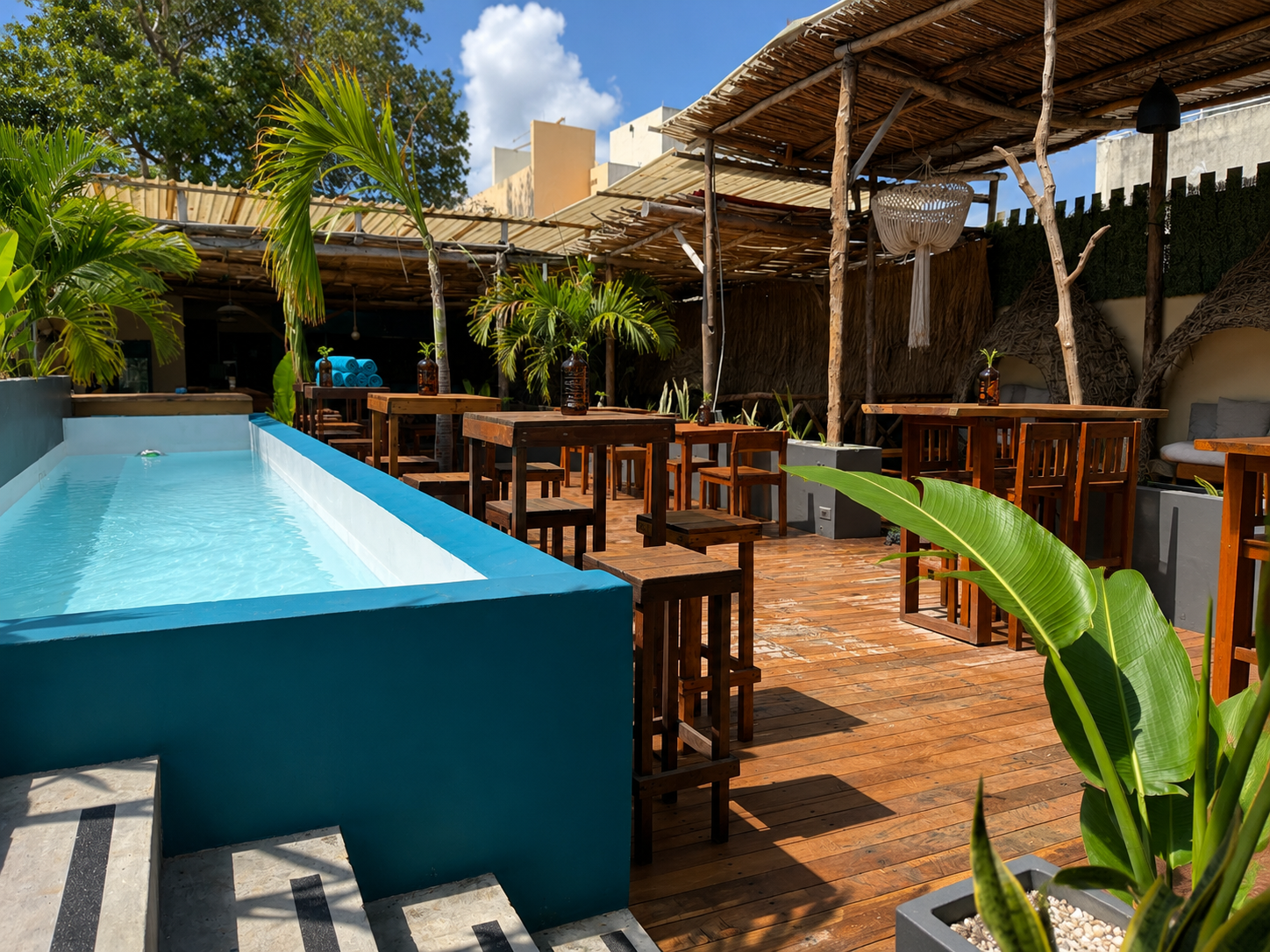 El Barrio rooftop pool deck with wooden furniture and bamboo canopy