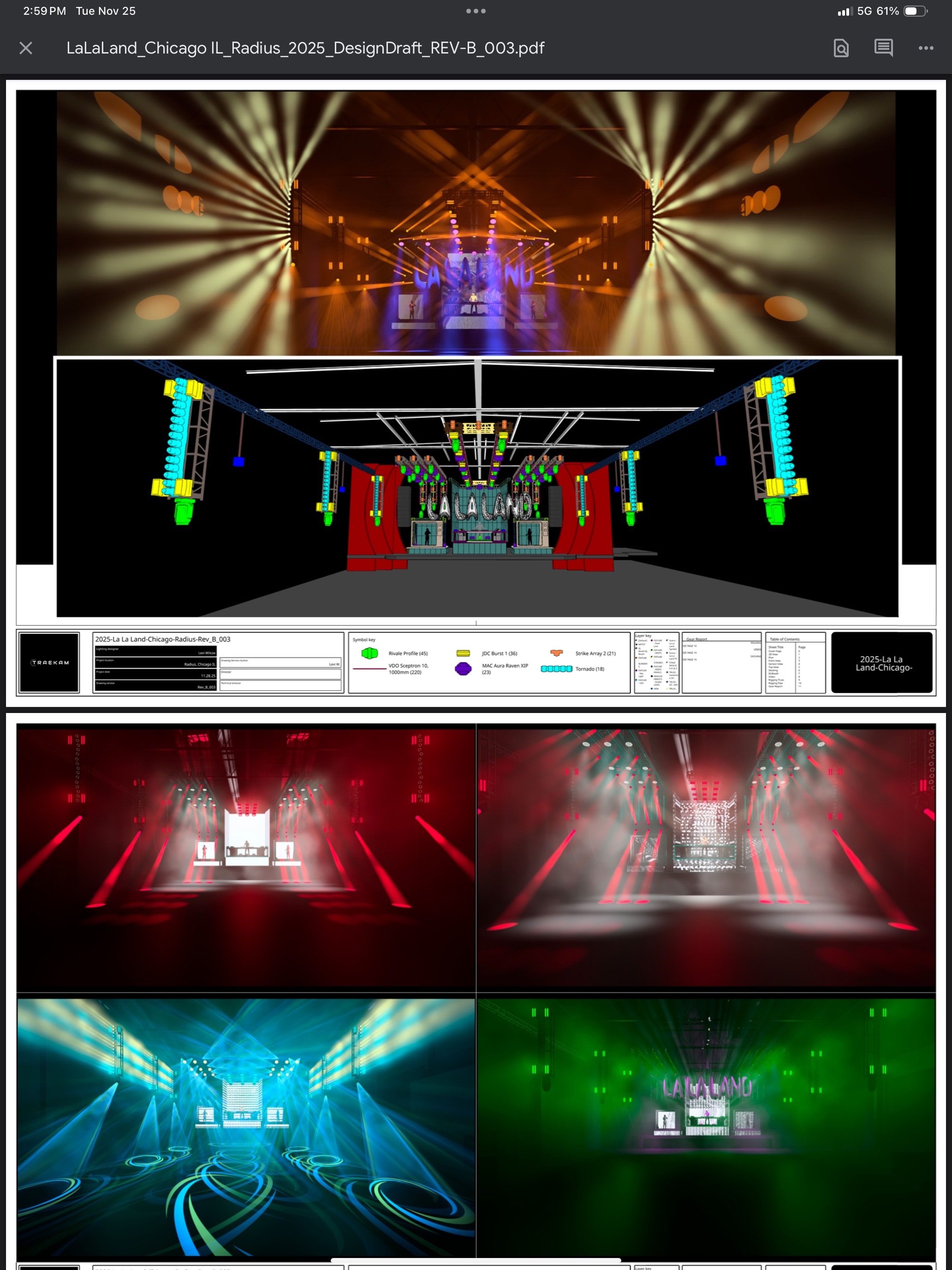 La La Land Chicago Radius 2025 — stage design draft Rev B with lighting rig plan and four color mood renders
