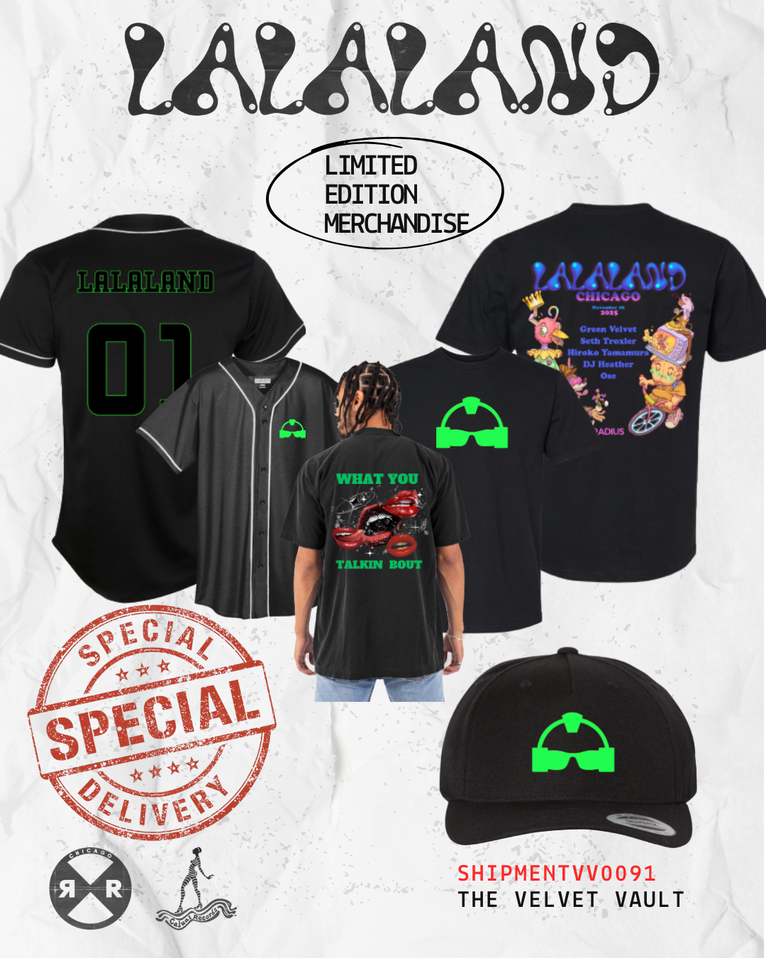 La La Land limited edition merch flat lay — baseball jersey, What You Talkin Bout tee, lineup collab tee, and snapback caps