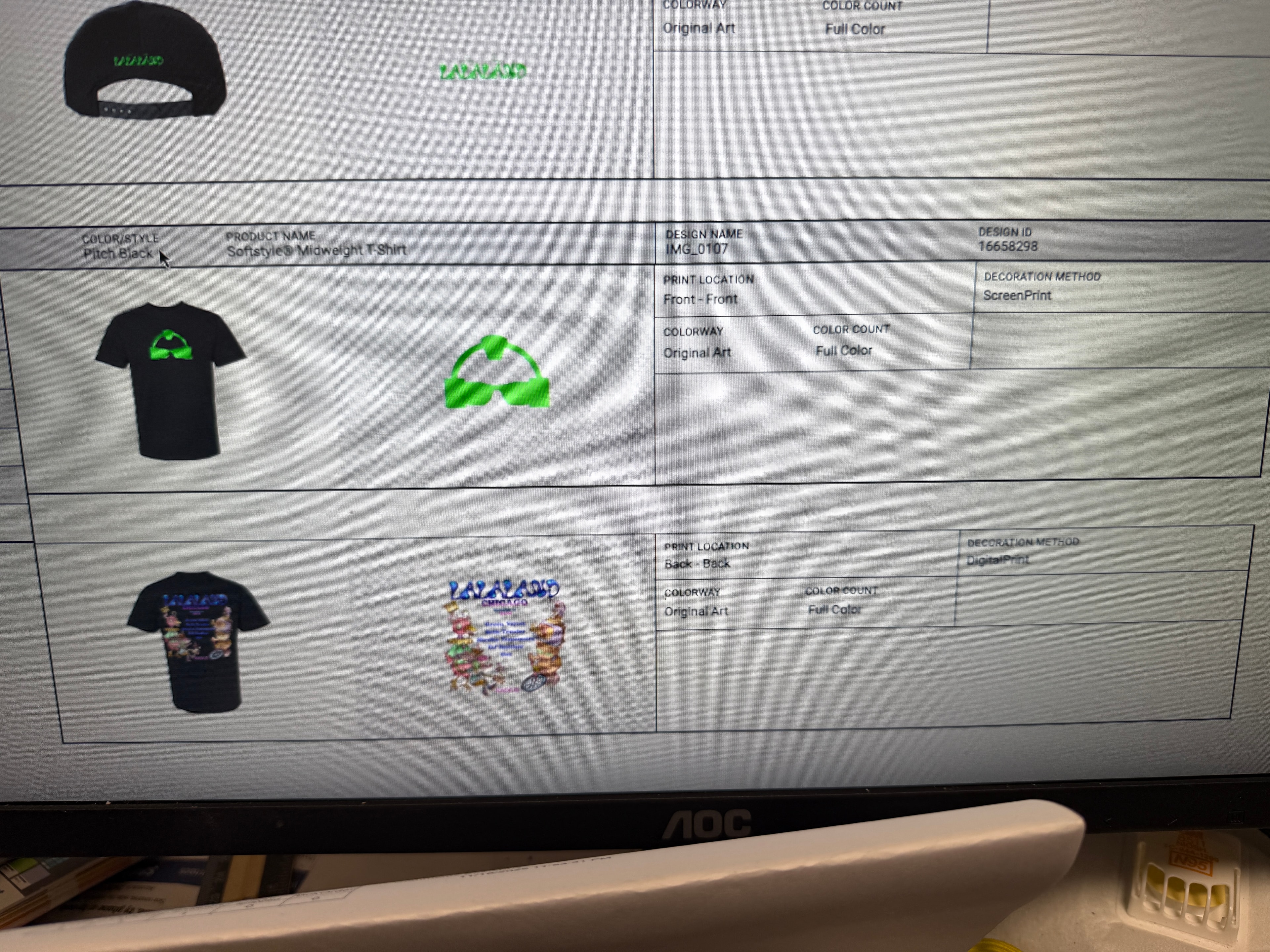 La La Land merch production spec sheet — t-shirt and cap designs with print locations, colorways, and decoration methods